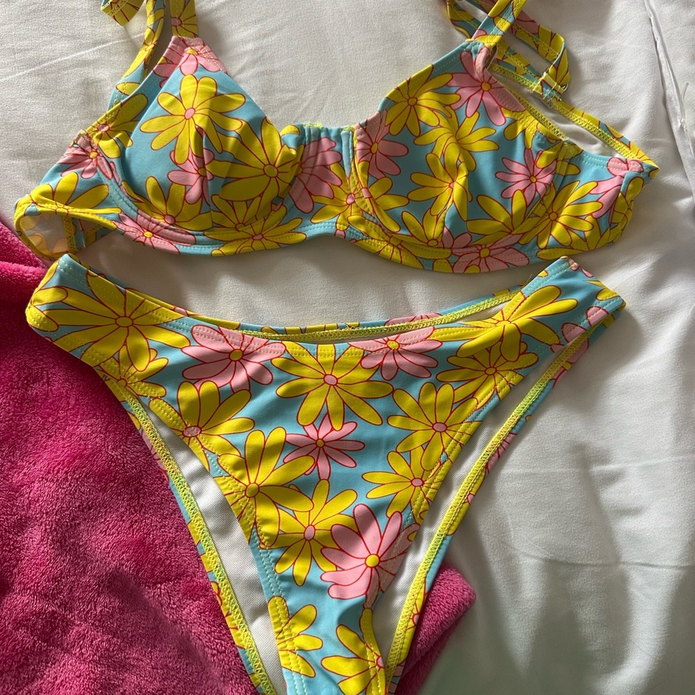 Floral Bikini Set in Blue and Yellow